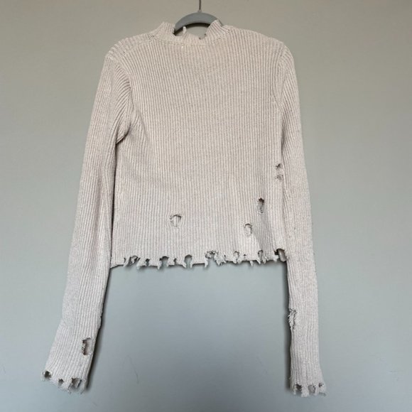 High neck Beige Distressed Sweater Size Small - Picture 3 of 3